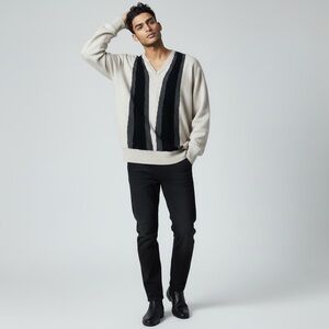 Vintage Tuscan Italy Neutral Colorblock V Neck wool blend Pull Over sweater